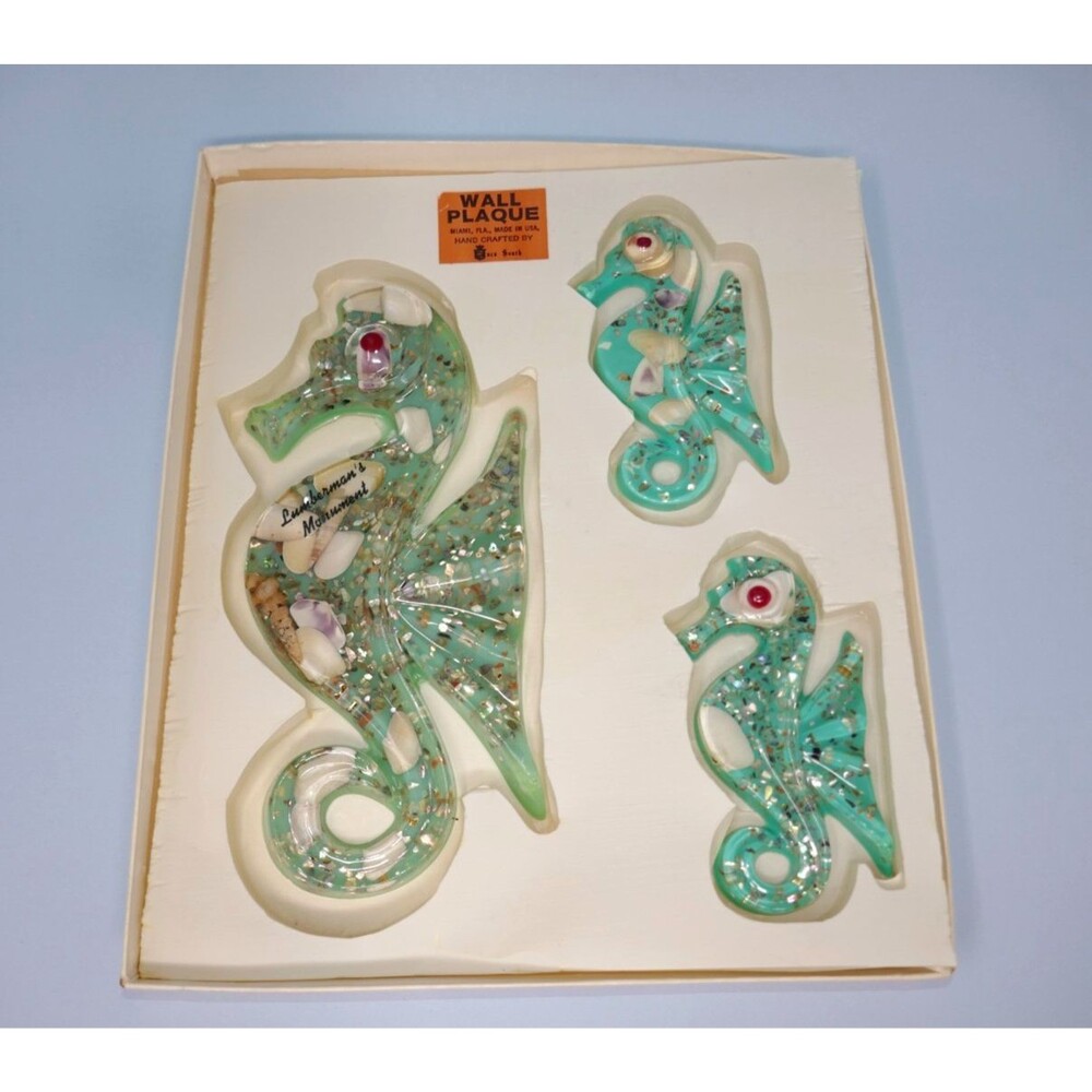 Enco South MCM Blue Green Lucite Seahorse Wall Plaques Set of 3 Abalone Shells